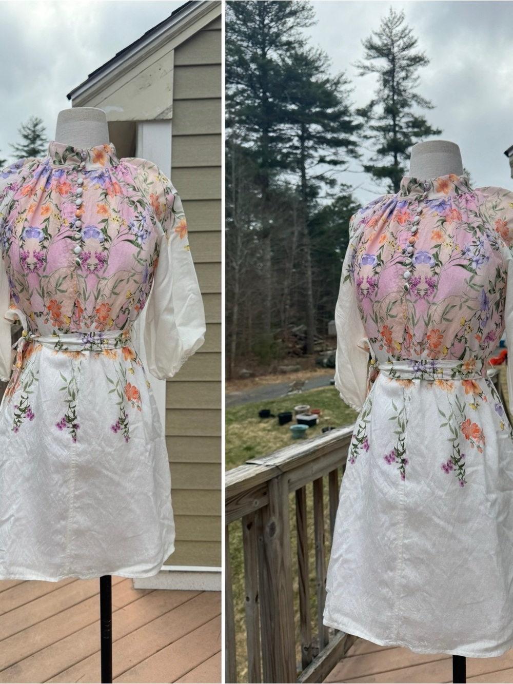 Floral Puff-Sleeve Ruffled Neck Dress in Pink and White